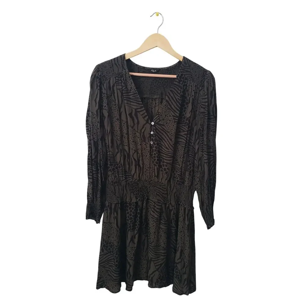 Rails Zana Animal Print Smocked Waist Mini Dress Olive Green Size Large